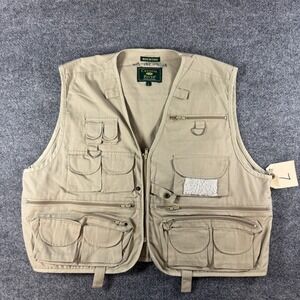 Crystal River Fishing Fly Safari Vest Mens L Beige Multi Pocket V-Neck Zip Up